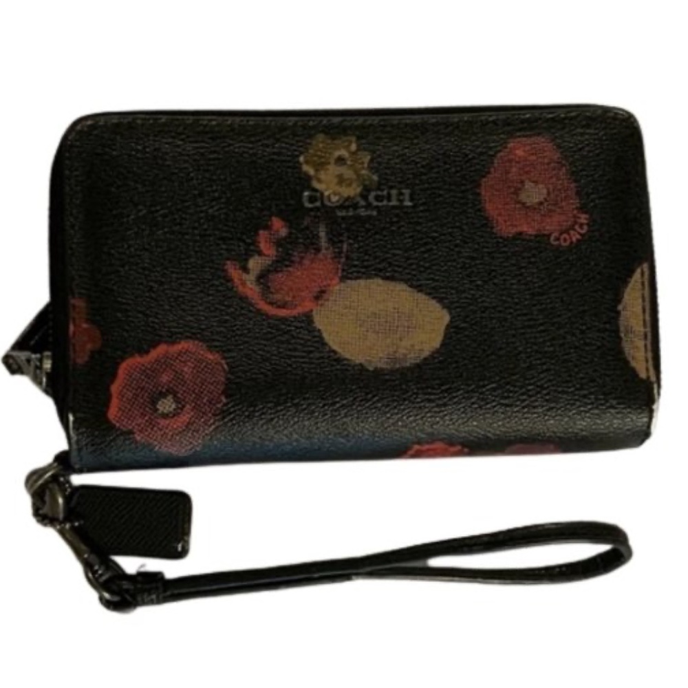 Coach Halftone Floral Black Wine Double Zipper Wallet
